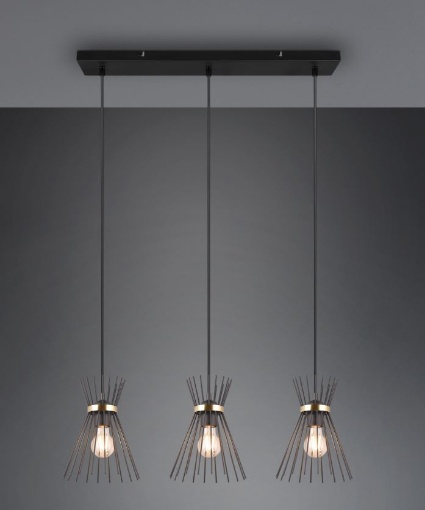 Immagine di Sospensione in Linea 3 Luci Paralumi Bacchette Metallo Rod Nero e Oro Trio Lighting 