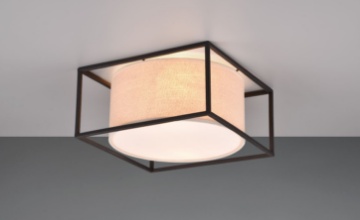 Immagine di Plafoniera Gabbia Quadrata Metallo Nero e Paralume Tessuto Tortora 2xE27 Ross Trio Lighting 