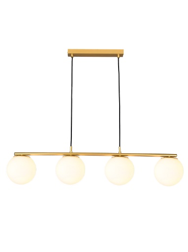 Immagine di Lampadario 4 Luci Binario Con Sfere Vetro Bianco Bowling Oro Smarter