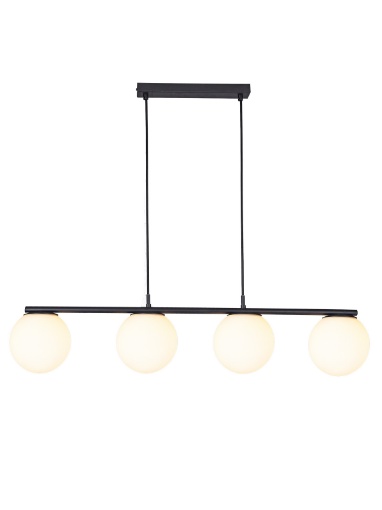 Immagine di Lampadario Binario 4 Sfere In Linea Vetro Bianco Bowling Nero Smarter Lighting