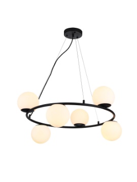 Immagine di Lampadario Anello Nero Con 6 Sfere Vetro Bianco Bowling Nero Smarter Lighting