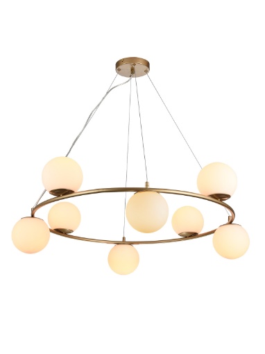 Immagine di Lampadario Anello Oro 8  Sfere Vetro Bianco Bowling Smarter