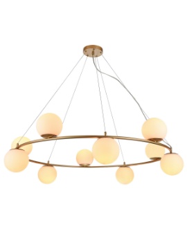 Immagine di Lampadario Soggiorno Anello 10 Sfere Vetro Bianco Bowling Oro Smarter Lighting