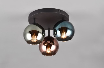 Immagine di Plafoniera Rotonda Paralumi Sfere Vetro Specchiato Azzurro Verde e Rame Sheldon 3xE14  Trio Lighting 