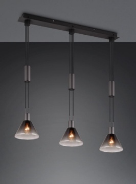 Immagine di Sospensione Nera 3 Paralumi Coppe Vetro Fumé Sali e Scendi Stanley Trio Lighting  