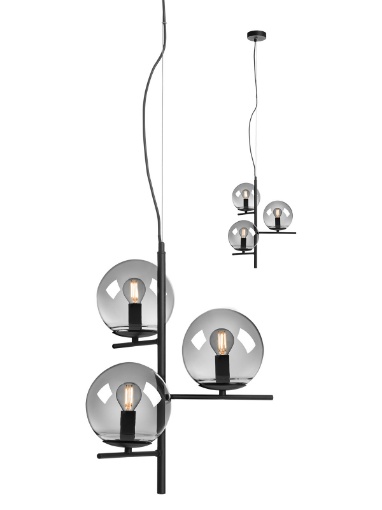 Immagine di Lampadario Nero Con Globi Vetro Fume Boldy 3 Luci Smarter Lighting