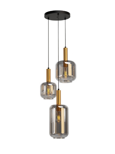 Immagine di Lampadario Rotondo Nero Oro 3 Bocce Vetro Fume Brina Smarter Lighting