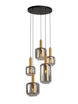 Immagine di Lampadario Per Soggiorno 5 Luci Nero Oro Con Bocce Vetro Fume Brina Smarter Lighting