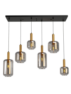 Immagine di Lampadario Sala Pranzo 6 Luci Nero Oro Con Bocce Vetro Fume Brina Smarter Lighting