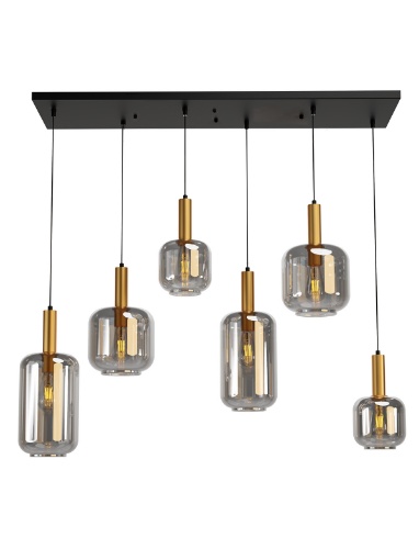 Immagine di Lampadario Sala Pranzo 6 Luci Nero Oro Con Bocce Vetro Fume Brina Smarter Lighting