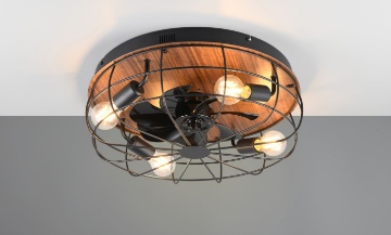Immagine di Ventilatore Rustico con Gabbia Metallica Nera e Base Effetto Legno Trondheim 4xE27 Trio Lighting 