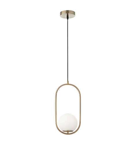 Immagine di Lampadario Pendente Ovale Oro Per Comodini Con Sfera Vetro Bianco Niva Smarter