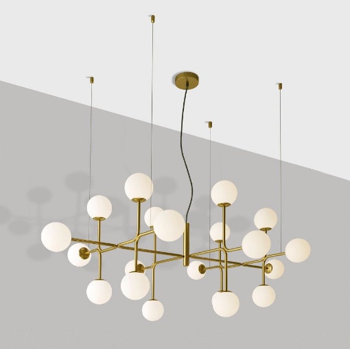 Immagine di Grande Lampadario Per Salone Doris Oro 20 Sfere Vetro Bianco ACB