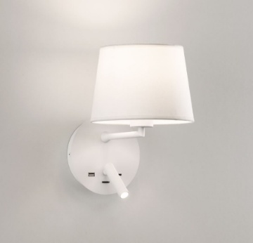 Immagine di Applique Stile Hotel con Paralume Tessuto e Spot Led Stilo Bianca ACB