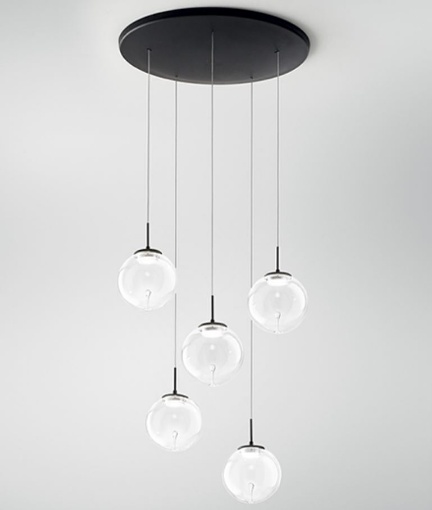 Immagine di Grande Lampadario a Sospensione Rotondo Ariel 5 Sfere Vetro Led con Decoro Goccia Fabas 