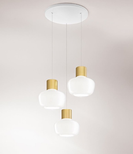 Immagine di Lampadario Rotondo 3 Paralumi Vetro Bianco Led Dimmer Step 36w Kino Fabas