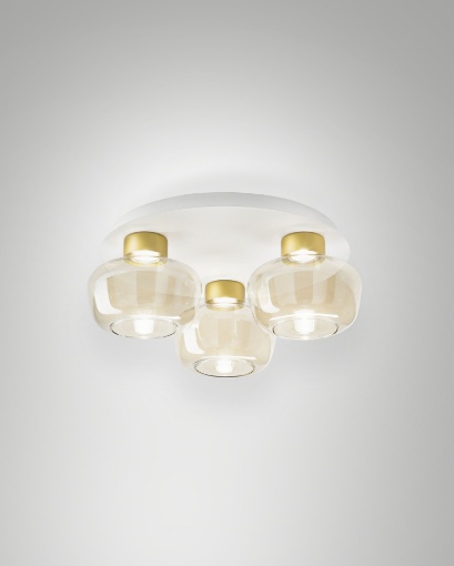Immagine di Lampada da Soffitto 3 Paralumi Vetro Cognac Led Step Dimmer Kino Ø41,5 cm Fabas
