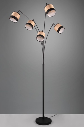 Immagine di Piantana 5 Luci Paralumi Legno Naturale e Tessuto Nero Bolzano Trio Lighting