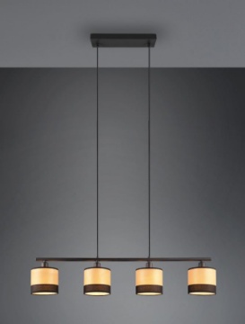 Immagine di Lampadario in Linea 4 Paralumi Legno Naturale e Tessuto Nero Bolzano Trio Lighting