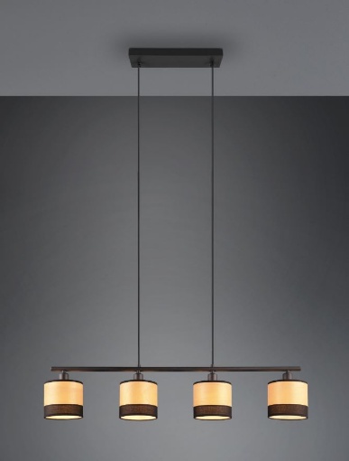 Immagine di Lampadario in Linea 4 Paralumi Legno Naturale e Tessuto Nero Bolzano Trio Lighting
