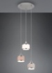 Immagine di Sospensione Rotonda 3 Paralumi Tessuto Grigio Bianco e Marrone Kaprun Trio Lighting 