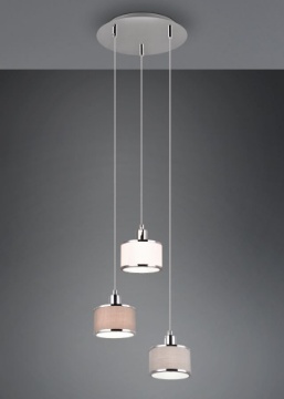 Immagine di Sospensione Rotonda 3 Paralumi Tessuto Grigio Bianco e Marrone Kaprun Trio Lighting 