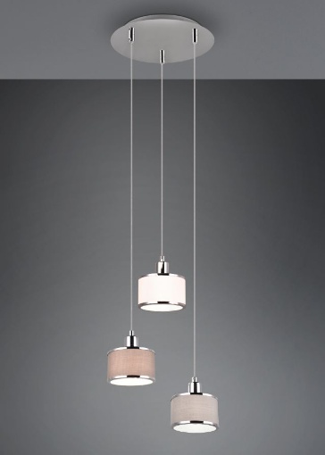 Immagine di Sospensione Rotonda 3 Paralumi Tessuto Grigio Bianco e Marrone Kaprun Trio Lighting 