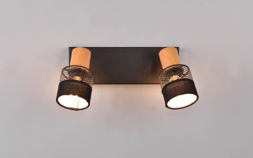 Immagine di Doppio Faretto Nandini Nero con Paralume Legno e Tessuto 2xE14 Orientabile Trio Lighting 