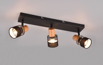 Immagine di Lampada Faretti Nandini Nero con Paralume Legno e Tessuto 3xE14 Orientabile Trio Lighting 