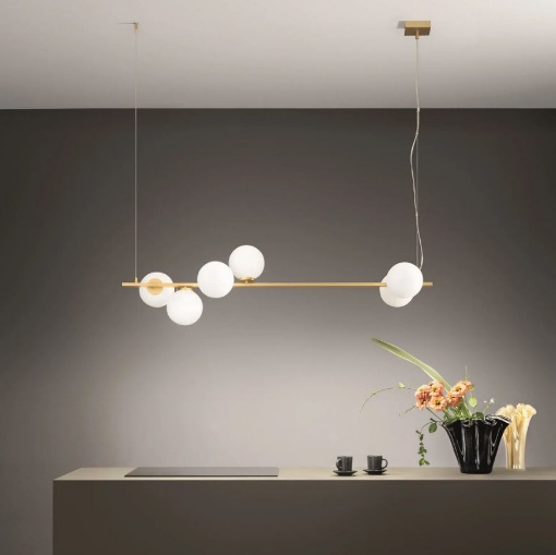 Immagine di Lampadario Binario Oro Con Sfere Vetro Bianco Per Tavolo Pranzo Enoire Fan
