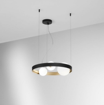 Immagine di Lampadario Rotondo 3 Luci Per Salotto Nero Oro Con Sfere Vetro Sonetto Fan