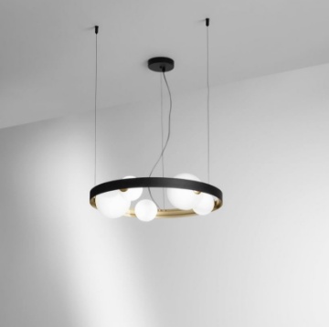 Immagine di Lampadario Soggiorno Cerchio Nero Oro Sfere Vetro Sonetto S5 Fan