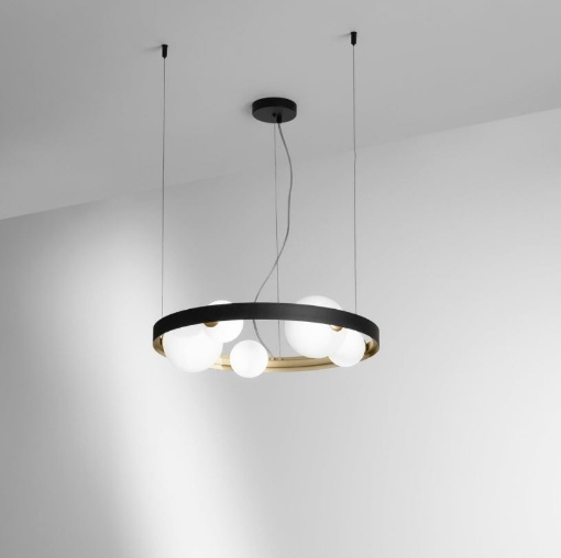 Immagine di Lampadario Soggiorno Cerchio Nero Oro Sfere Vetro Sonetto S5 Fan