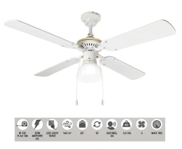 Immagine di Ventilatore Da Soffitto Bianco 4 Pale Con Luce E27 Comando A Catena Gemini Perenz
