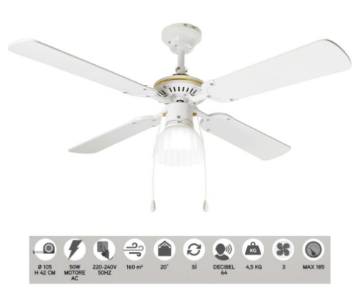 Immagine di Ventilatore Da Soffitto Bianco 4 Pale Con Luce E27 Comando A Catena Gemini Perenz