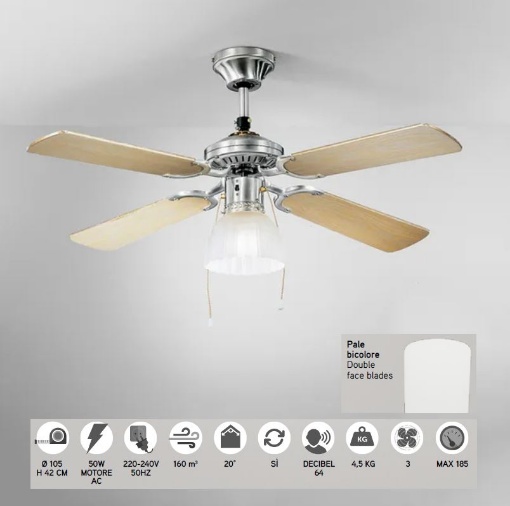 Immagine di Ventilatore A Pale Legno Cromo Con Luce Comando A Catena Gemini Perenz
