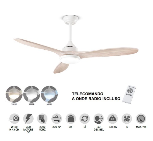 Immagine di Ventilatore A Pale Legno Bianco Silenzioso Con Led CCT Dimmerabile Triade Perenz