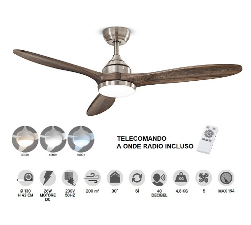 Immagine di Ventilatore a Pale Legno Noce 130 cm Led CCT Con Telecomando Triade Perenz