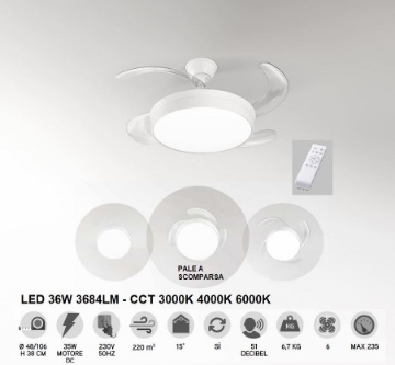 Immagine di Ventilatore Silenzioso Bianco Pale A Scomparsa Con Luce Telecomando Open Perenz