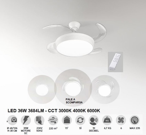 Immagine di Ventilatore Silenzioso Bianco Pale A Scomparsa Con Luce Telecomando Open Perenz