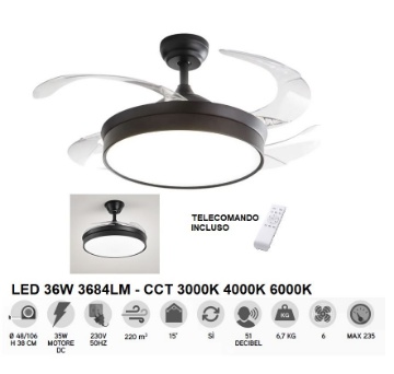 Immagine di Ventilatore Pale A Scomparsa Nero Silenzioso Con Luce Led Telecomando Open Perenz
