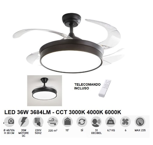 Immagine di Ventilatore Pale A Scomparsa Nero Silenzioso Con Luce Led Telecomando Open Perenz