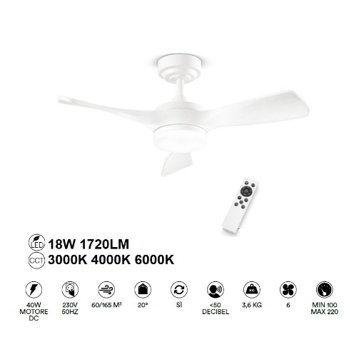 Immagine di Ventilatore Da Soffitto Pale Legno Bianco 6 Velocità Led CCT Sirio Perenz
