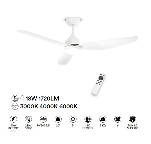 Immagine di Ventilatore da Soffitto Bianco 132 cm Led CCT Con Telecomando Pegaso Perenz