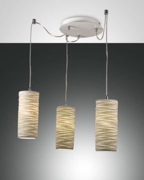Immagine di Lampadario a 3 Luci con Decentramento Paralumi Cilindrici in Ceramica Bianca Marbella Fabas