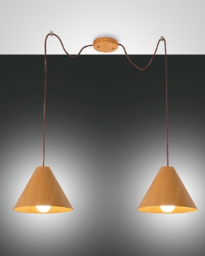 Immagine di Lampadario Doppio Cono Decentrato Legno Effetto Quercia 2xE27 Esino Fabas