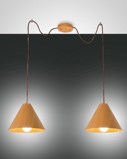 Immagine di Lampadario Doppio Cono Decentrato Legno Effetto Quercia 2xE27 Esino Fabas