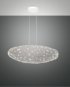 Immagine di Sospensione Diffusore Ovale Texture Intreccio Metallo Bianco Led Step Dimmer Sumter Fabas