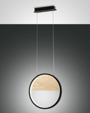 Immagine di Lampada a Sospensione Nordica Anello Nero Led Dimmer e Legno Pierre Fabas