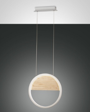 Immagine di Sospensione Design Moderno Anello Bianco e Legno Decorativo Led Dimmer Pierre Fabas